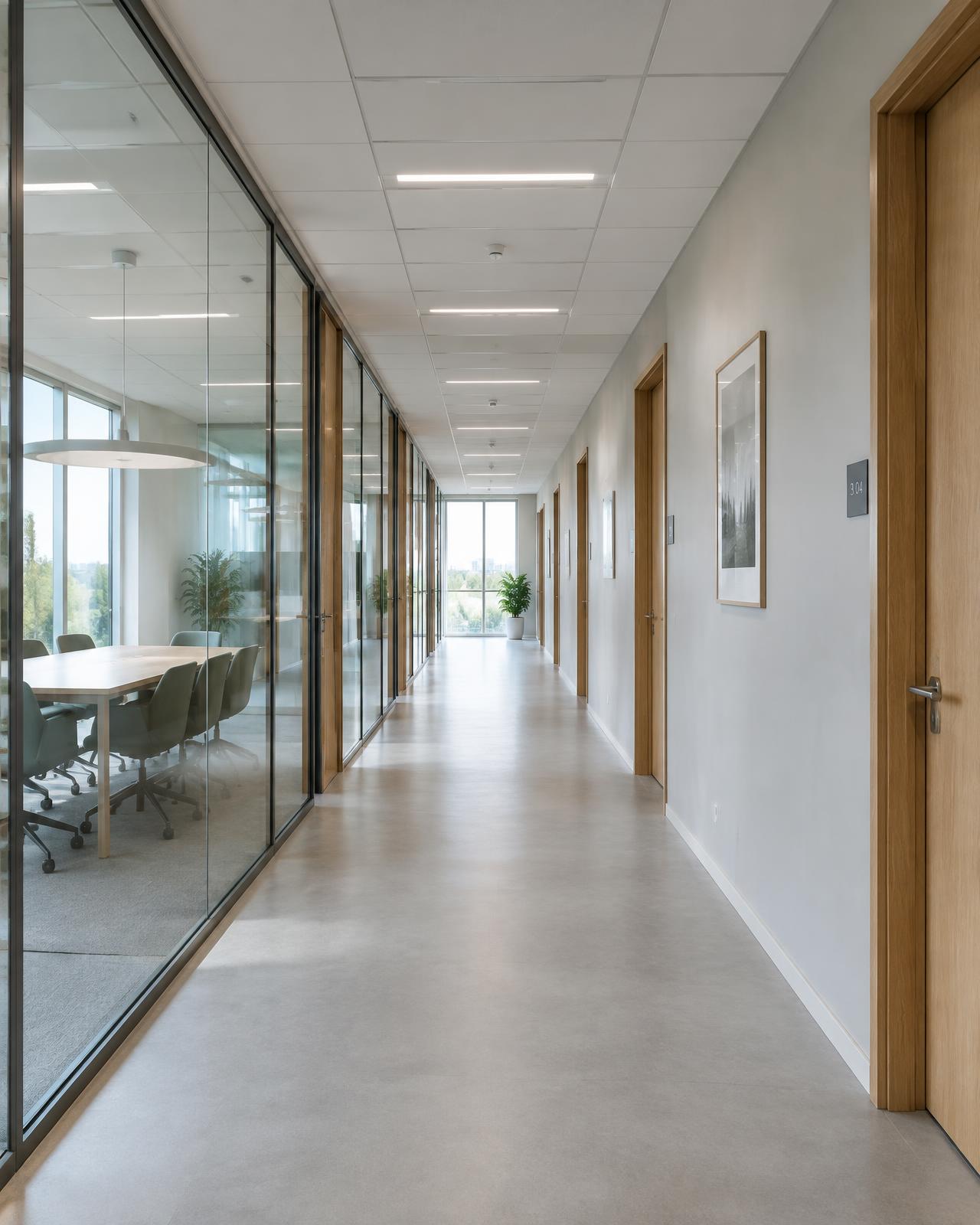 Korridor med glassvegger, gipsvegger og systemhimling
